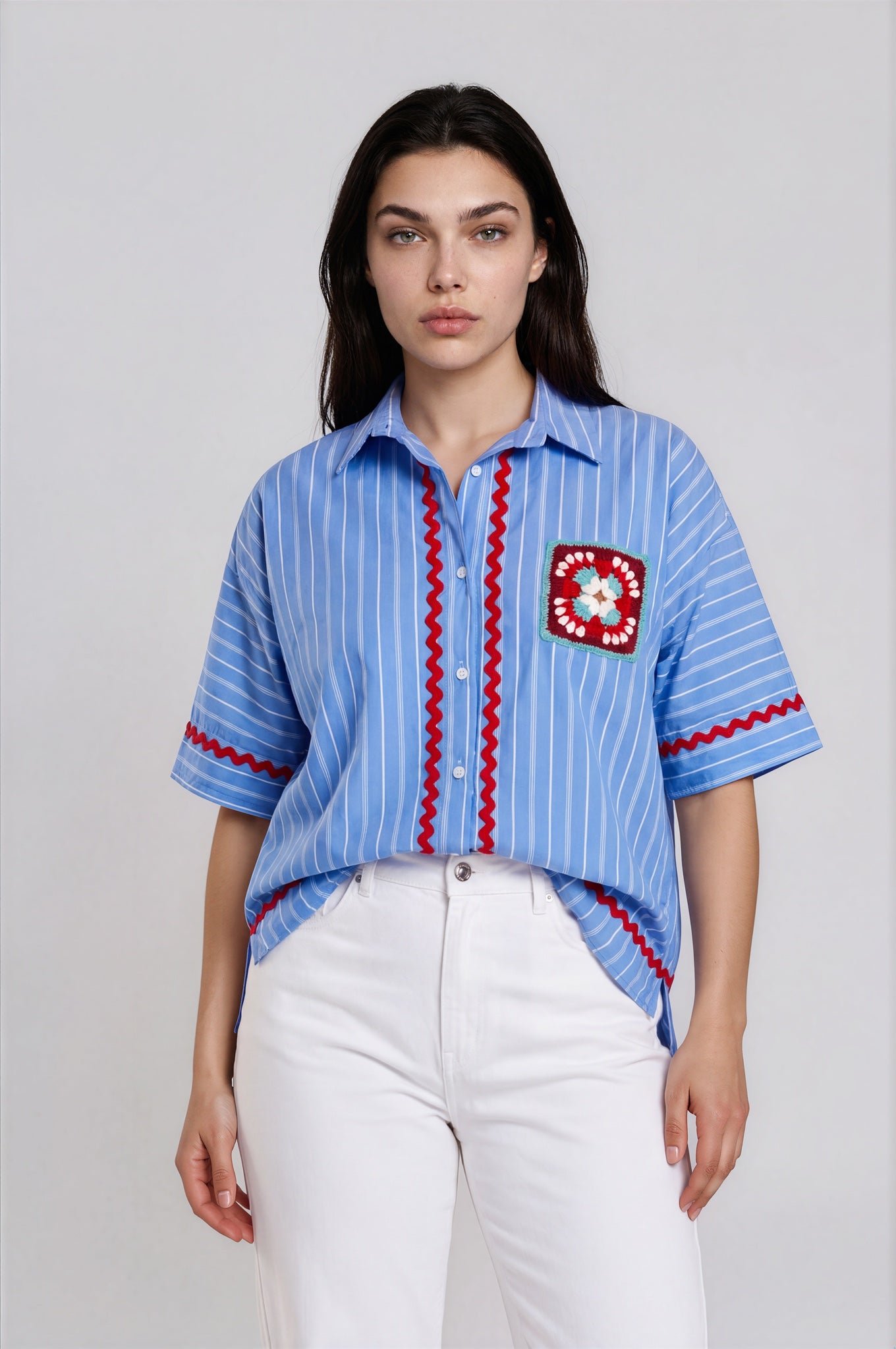 Striped Shirt with Crochet Patch