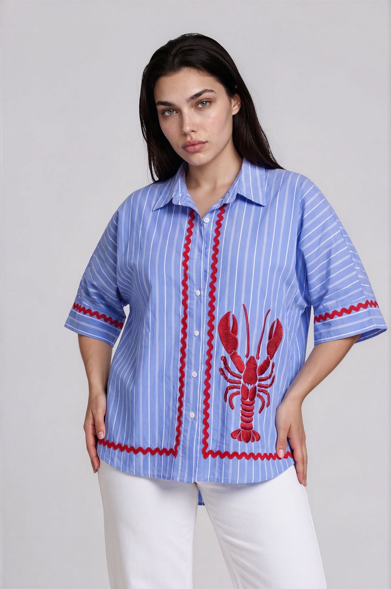 Striped Shirt with Lobster Embroidery