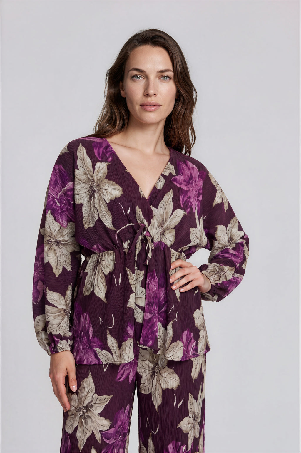 Floral Print Wrap Top & Wide-Leg Pants Set