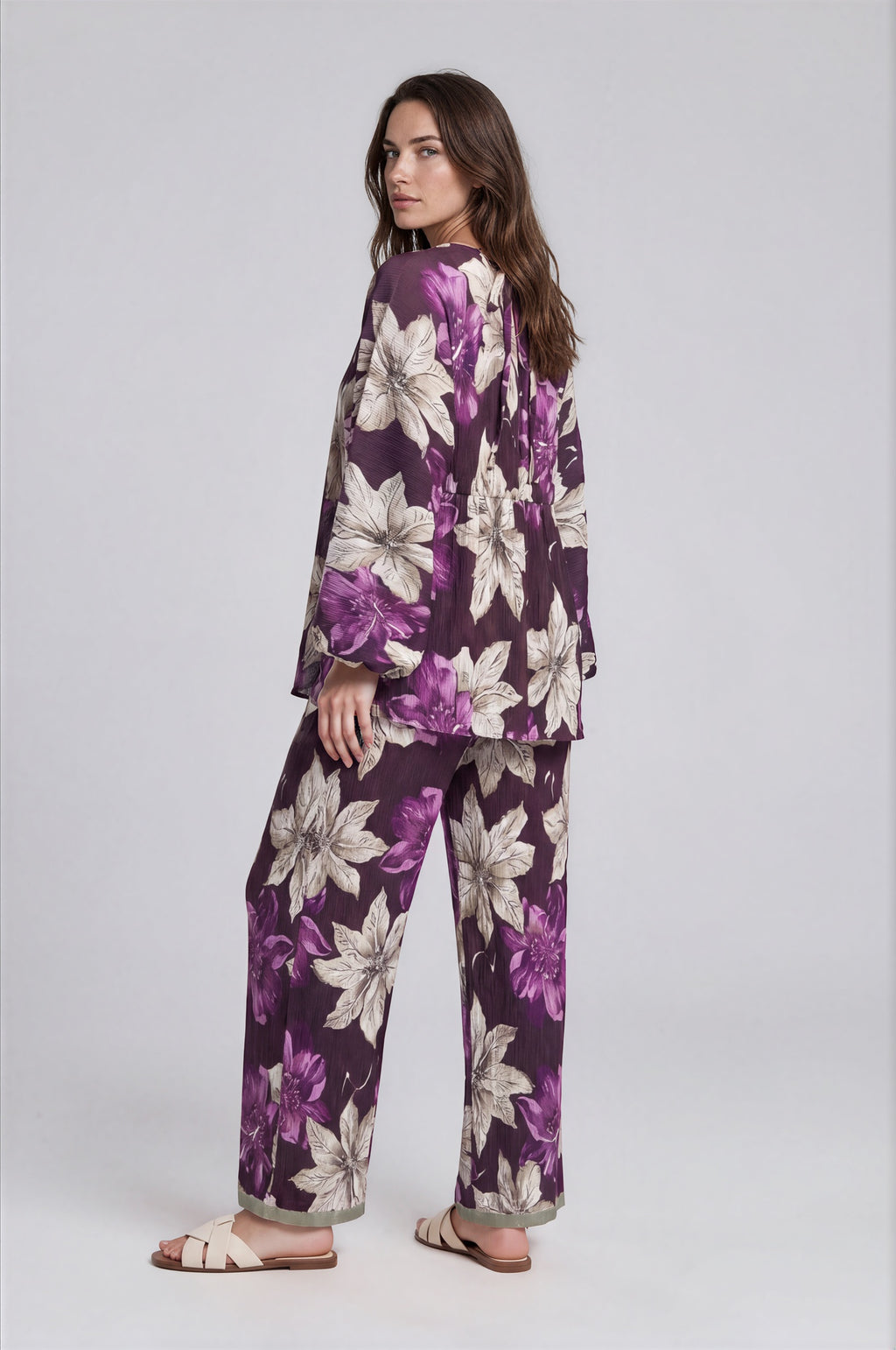 Floral Print Wrap Top & Wide-Leg Pants Set