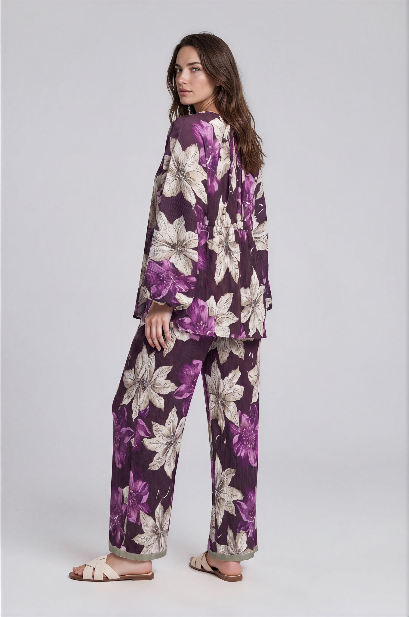 Floral Print Wrap Top & Wide-Leg Pants Set