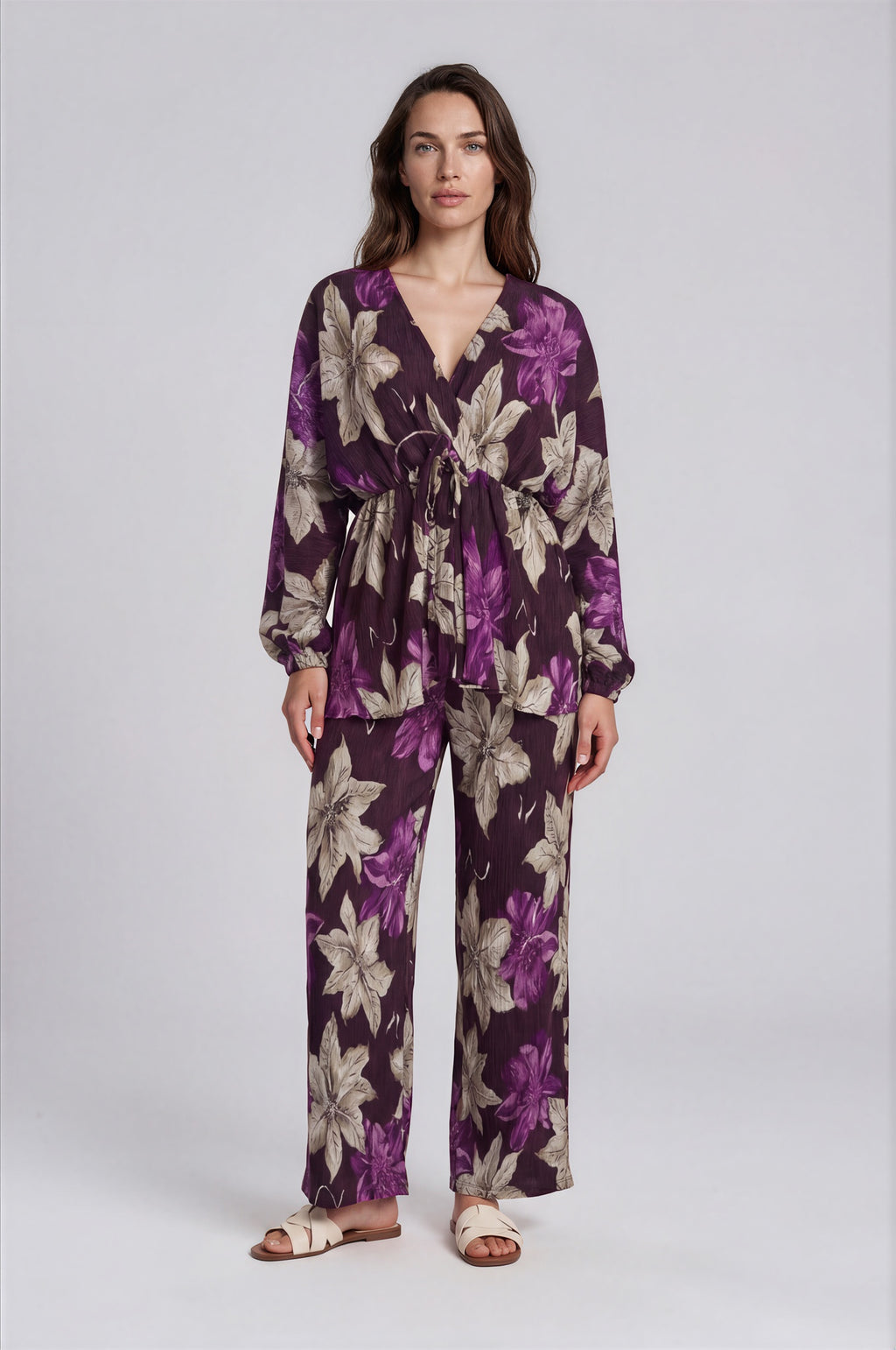 Floral Print Wrap Top & Wide-Leg Pants Set