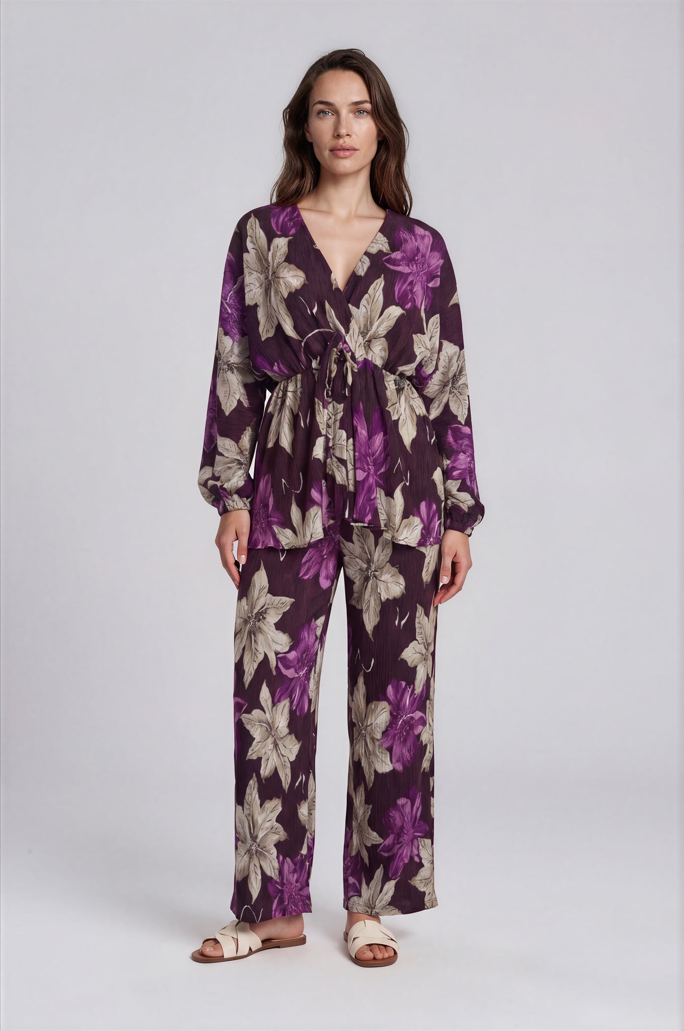 Floral Print Wrap Top & Wide-Leg Pants Set
