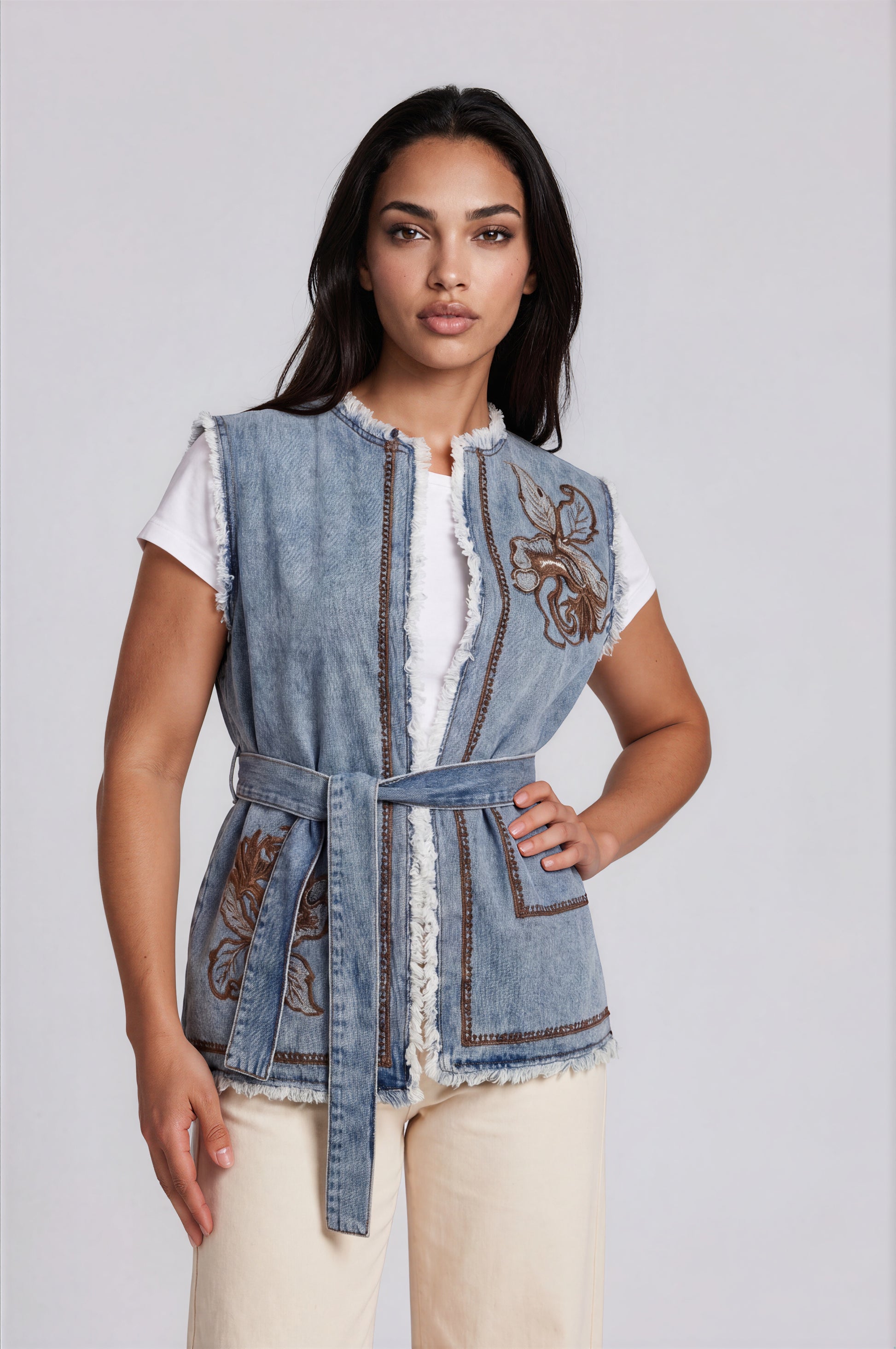Embroidered Denim Belted Vest