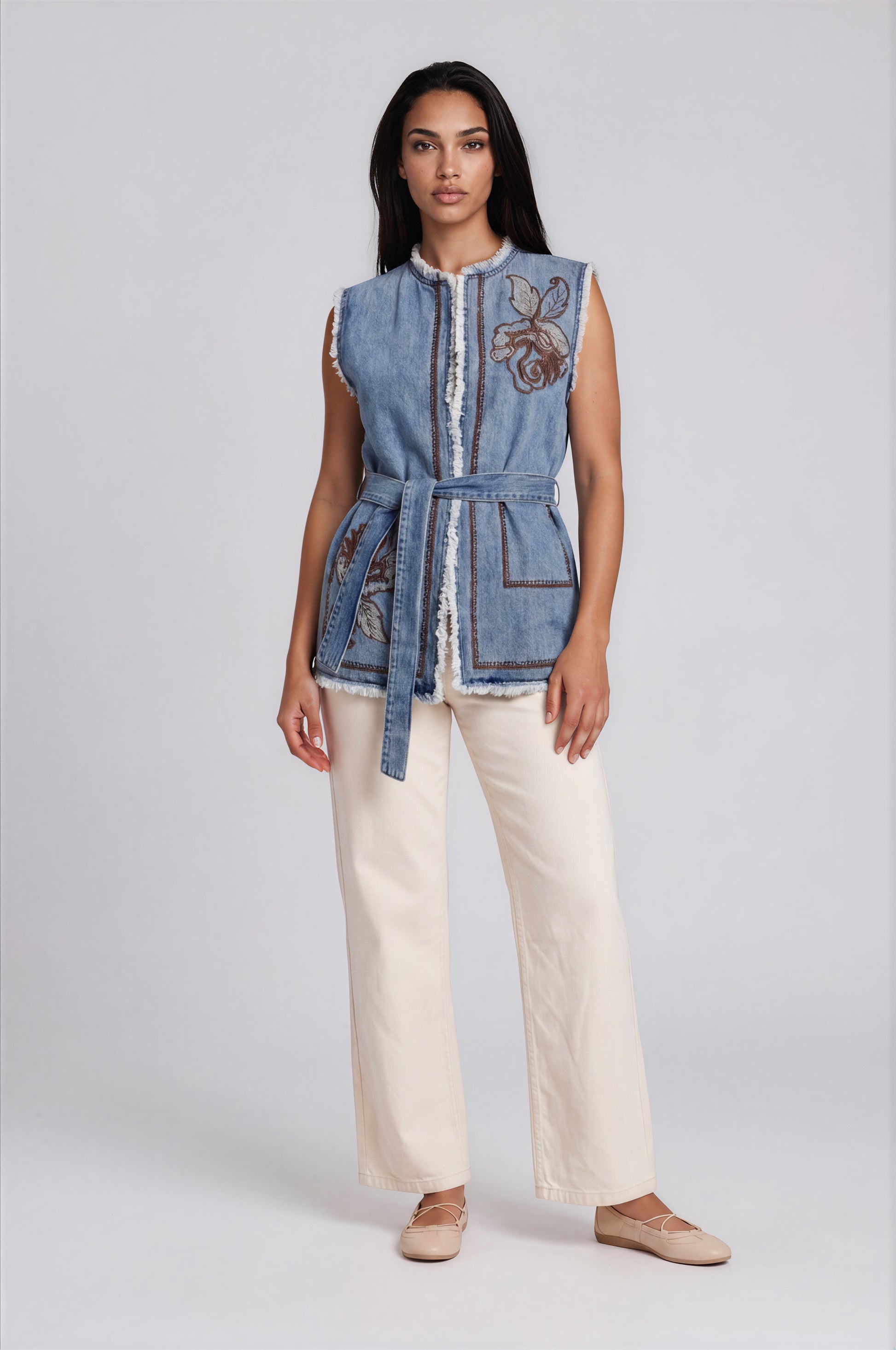 Embroidered Denim Belted Vest