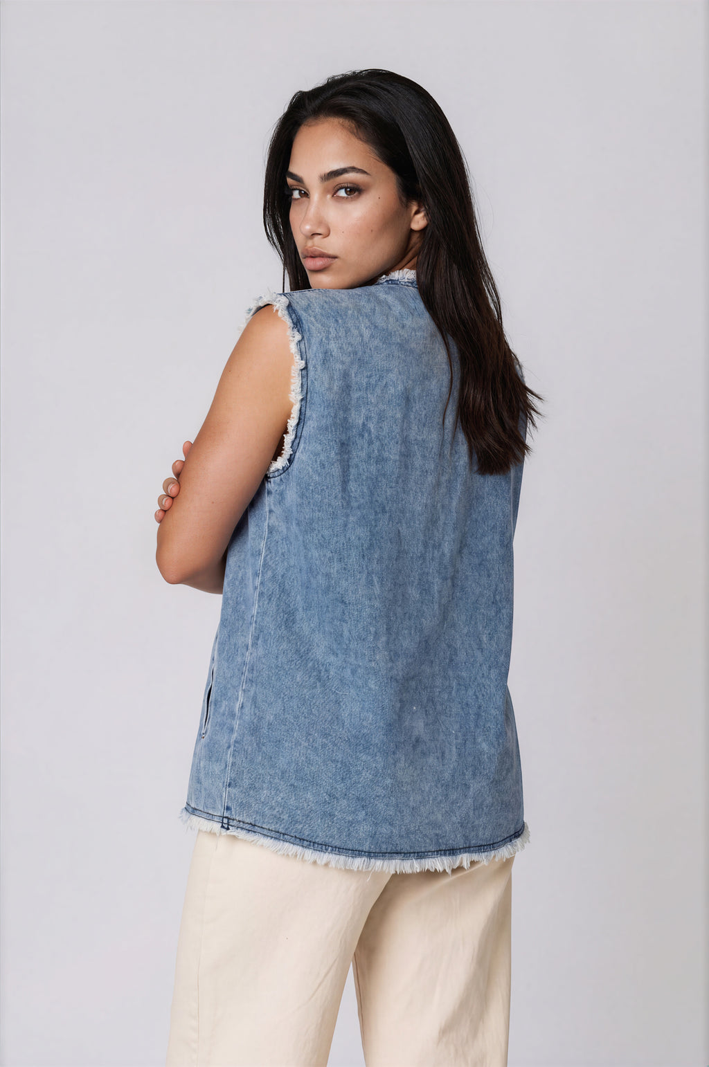 Embroidered Denim Belted Vest